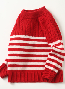儿童羊绒衫宝宝红色毛衣套头圆领条纹针织衫加厚保暖秋冬款打底衫