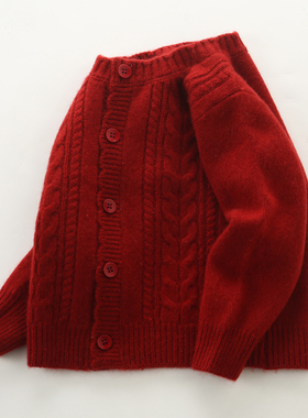 儿童羊绒衫圆领加厚男女童毛衣开衫中大童秋冬新款红色针织衫外套