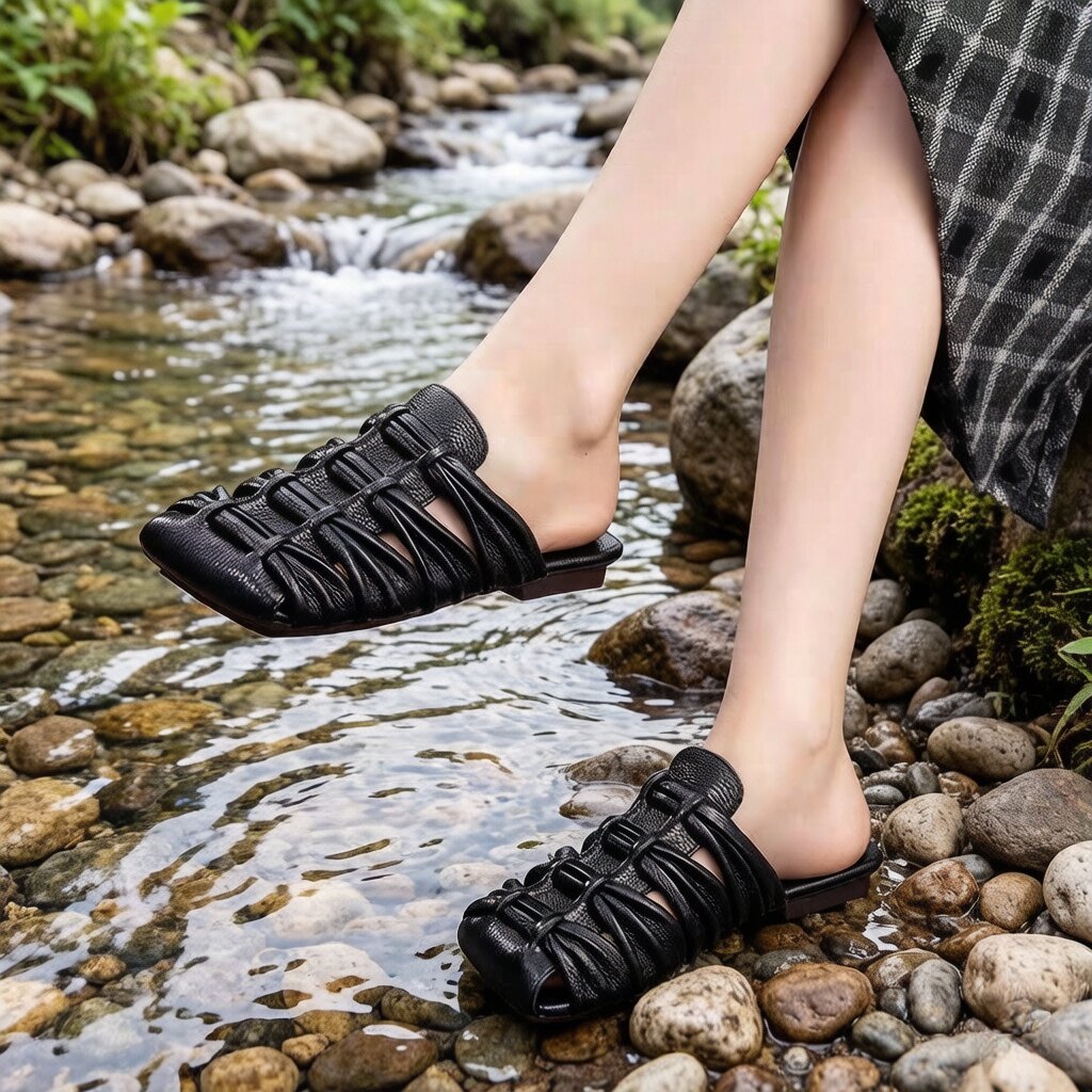 外贸内销真皮个性手工编织包头凉拖夏新款头层牛皮复古文艺女拖鞋