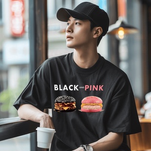 558blackpink汉堡印花圆领短袖T恤男女大码宽松街头潮牌胖子衣服