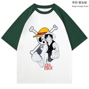 1017美式复古风撞色插件短袖路飞印花 T 恤男女宽松休闲百搭上衣