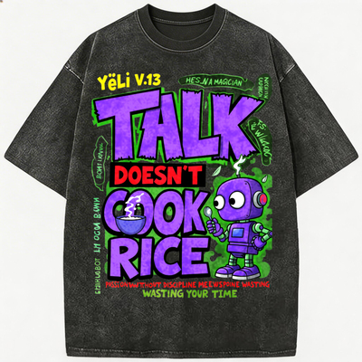 897- 美式做旧短袖T恤男 Talk Doesn't Cook Rice 紫色机器人宽松