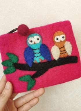 尼泊尔羊毛手工毡化羊毛毡可爱零钱包 卡包 猫头鹰.小蜜蜂
