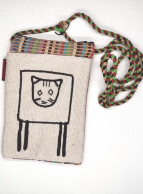尼泊尔WSDO 纯棉手织布手缝小猫手机包 萌猫手机袋 拉链斜背包