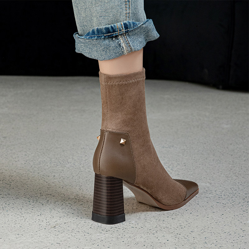 粗跟短靴女春秋单靴法式铆钉高跟鞋瘦瘦靴骑士小方头真皮弹力女靴