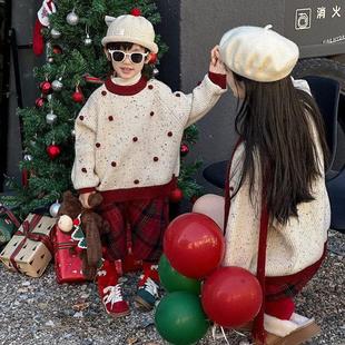 亲子装母子母女一家三口毛衣男女儿童圣诞立体毛球套头毛衣