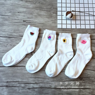 日系森女基本款纯白色刺绣卡通中筒袜子全棉 纯棉女士短袜打底袜