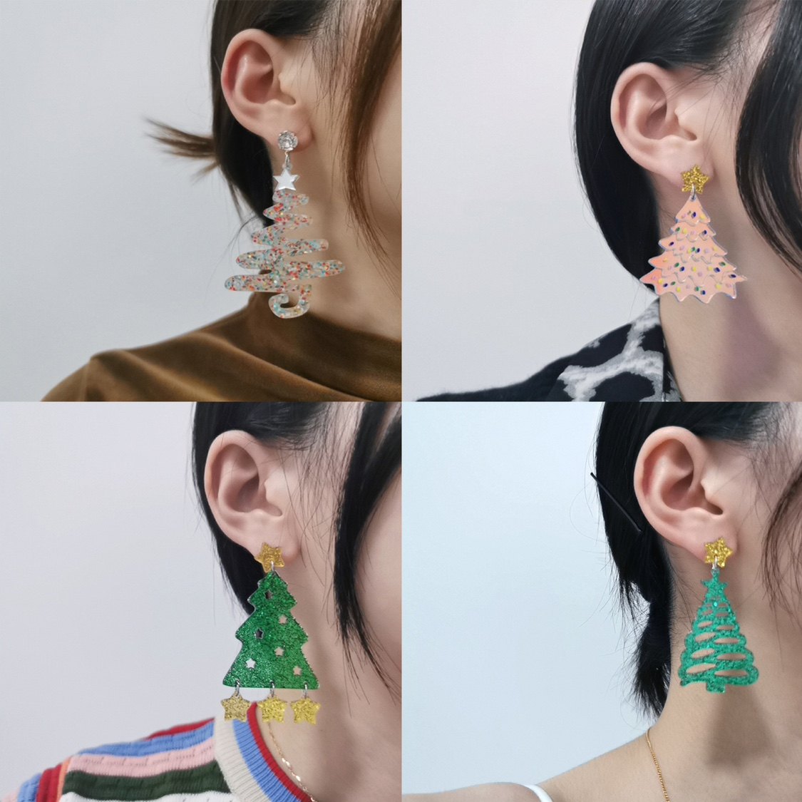 P圣诞节可爱甜美金粉幻彩夸张星星圣诞树拍照度假影楼酒吧耳环钉