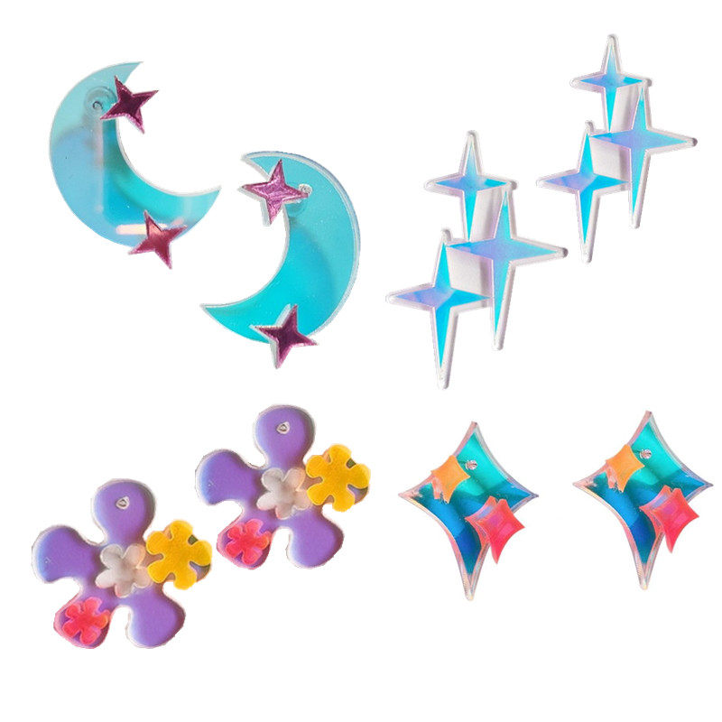 P油光幻彩梦幻星光时尚月亮花朵耳环