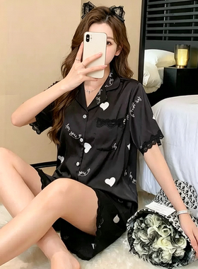 冰丝睡衣女夏季蕾丝短袖短裤两件套新款薄女士甜美可爱家居服836