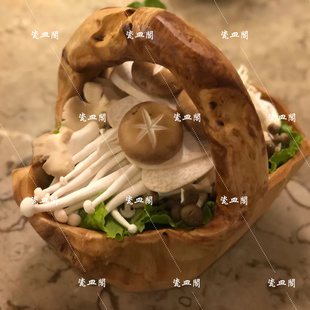 火锅店烧烤肉店餐具创意蔬菜菌类拼盘肥牛时蔬涮肉圆形手提竹根盘
