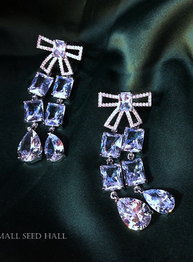 全新款通勤轻奢感耳环潮氛围感大气场蝴蝶结满钻水滴锆石长款耳钉