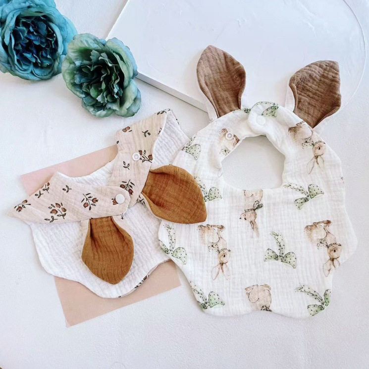 婴儿纯棉绉布口水巾可爱纱布兔耳朵多色围嘴A类4层纱防污口水围兜,婴童用品,小围嘴,淘宝优惠券,粉丝福利购,淘宝优惠卷