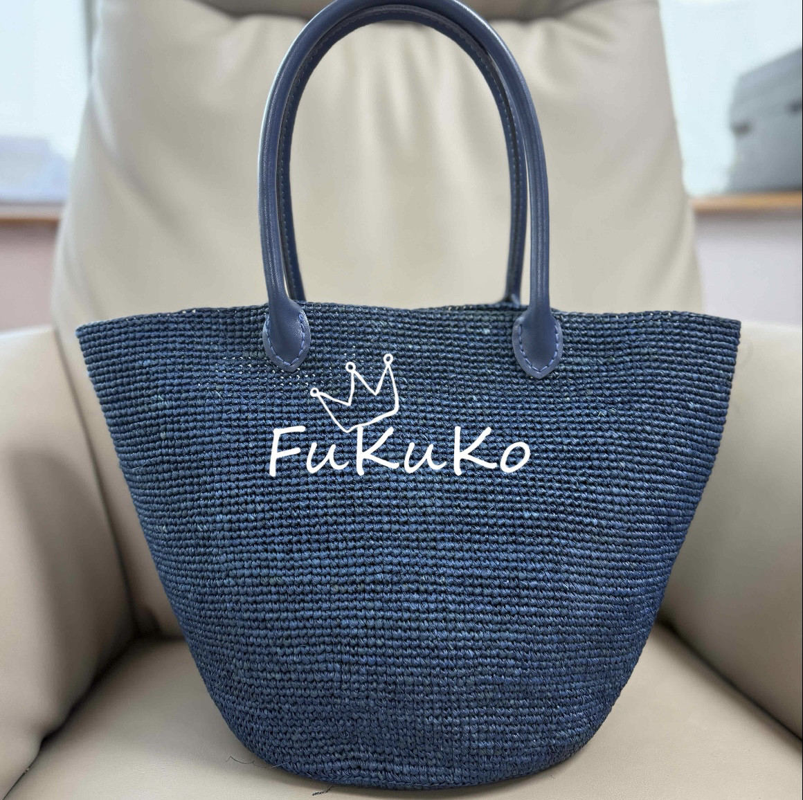 Fukuko新款星钻蓝拉菲草托特包女士手提包休闲度假包手工编织