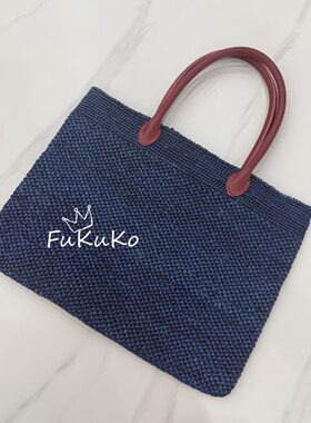 Fukuko新款蓝紫色菠萝扣拉菲草手工编织手提单肩女士休闲公文包