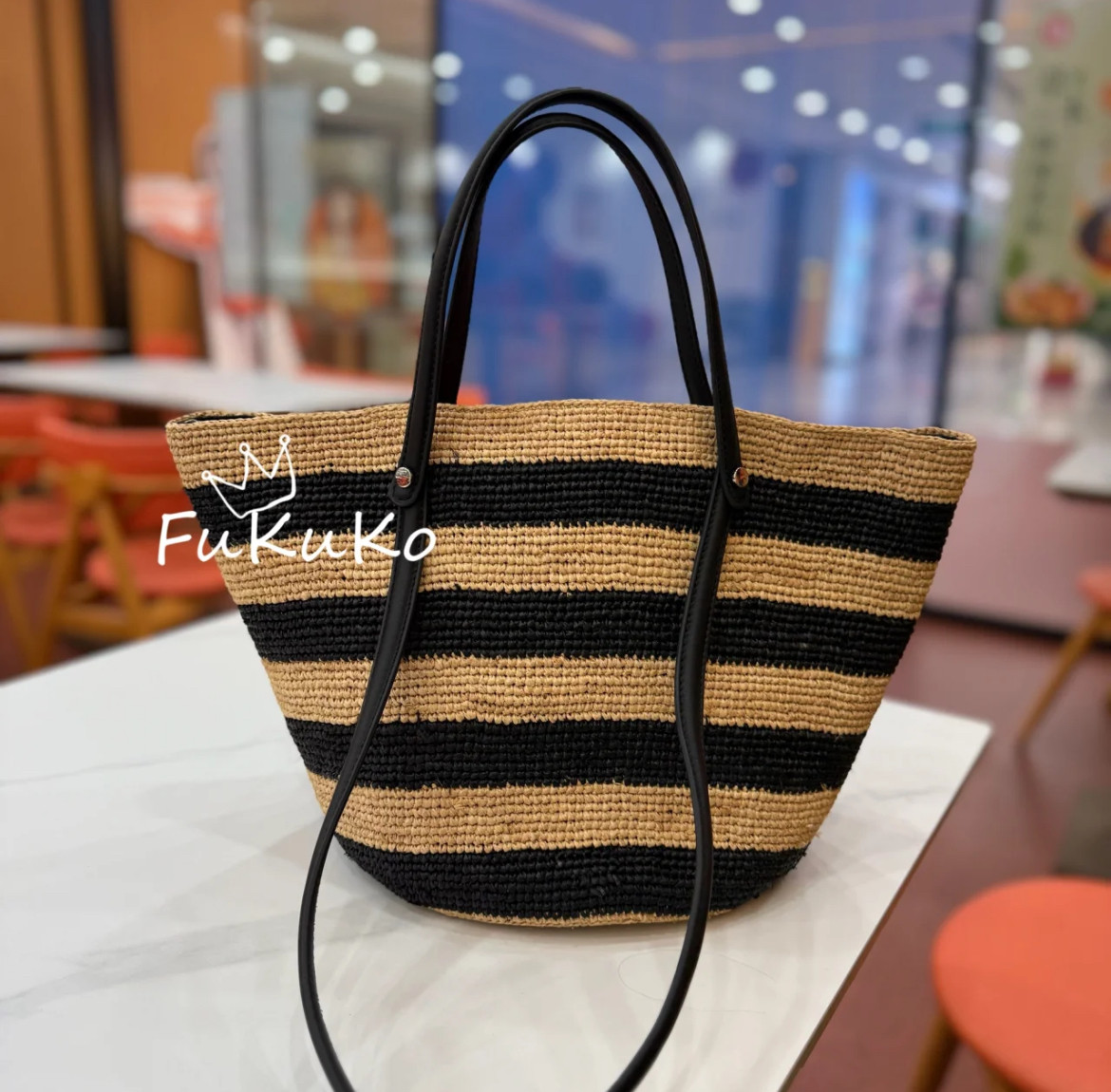 Fukuko新款黑白条纹拉菲草编织包草编百搭大容量托特包女度假风