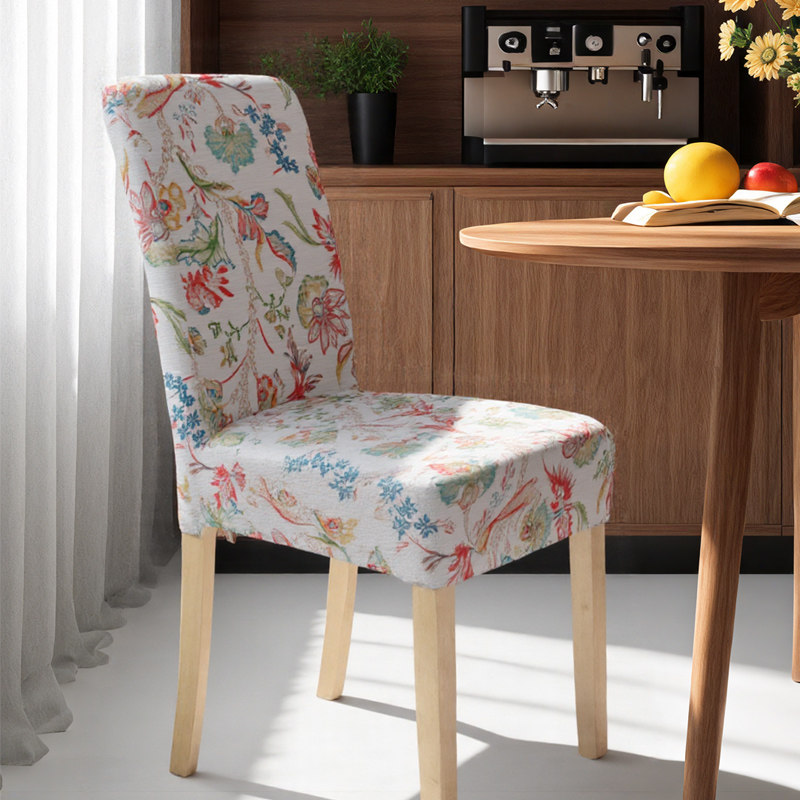 简约现代亚麻布椅套餐厅家用花卉印花椅垫套罩hj全包防滑餐凳套