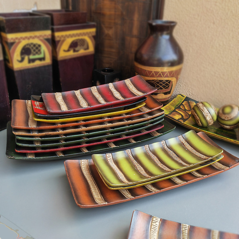 泰式SPA餐厅木制装饰糖果盘 烛台盘东南亚风情棕色绿色红色点心盘