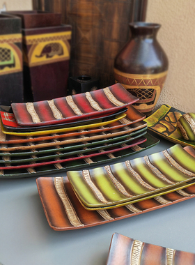 泰式SPA餐厅木制装饰糖果盘 烛台盘东南亚风情棕色绿色红色点心盘