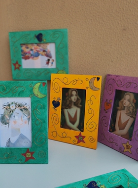 木制手工彩色相架6寸工艺品相框创意绿紫橙色梦幻3寸7寸桌面摆台