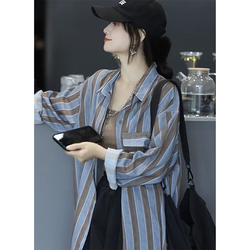 Amiga条纹衬衫长袖夏季韩版拼色poLo领休闲百搭薄款防晒外套上衣