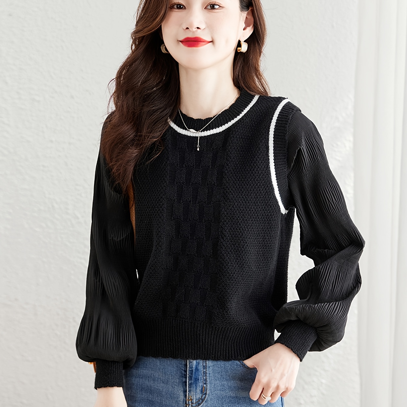 2025早秋新款假两件圆领针织衫女韩系甜美减龄时尚百搭毛衣上衣