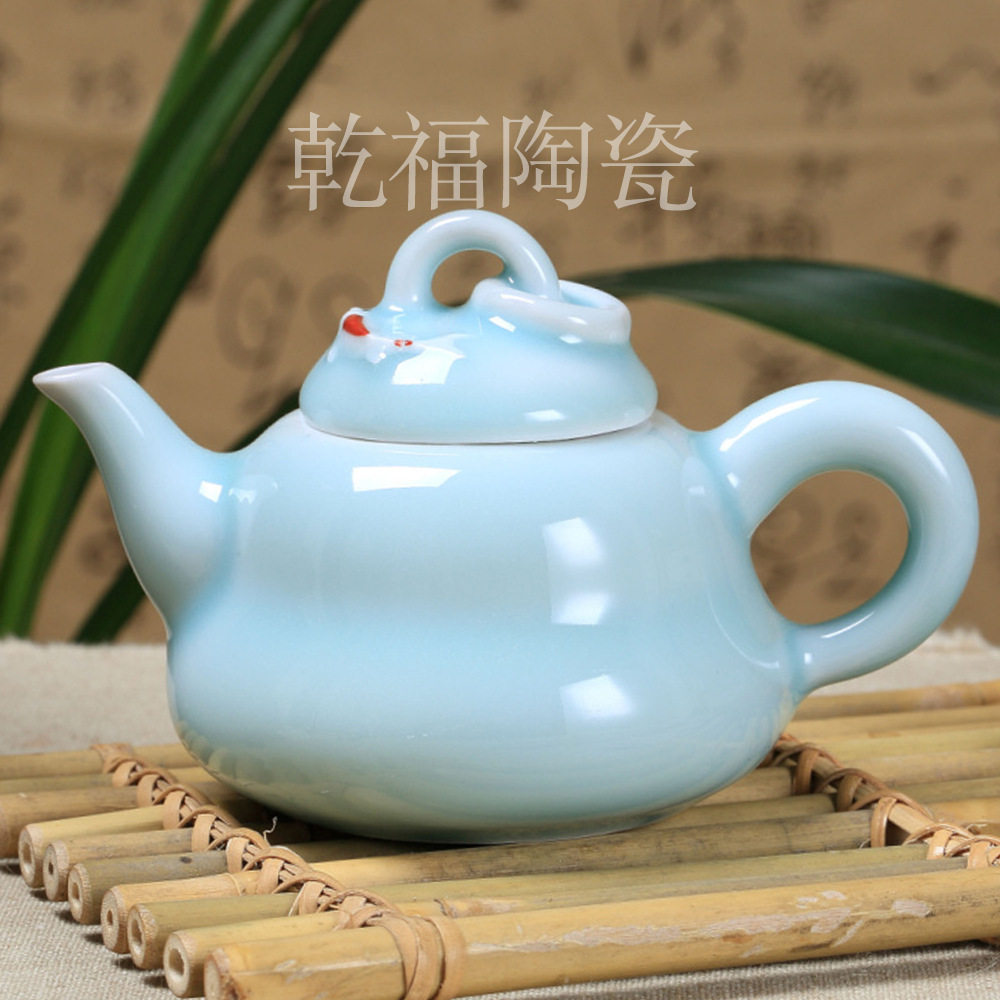 龙泉青瓷茶壶 梅子青手绘浮雕鲤鱼茶道杯陶瓷功夫泡茶壶礼品