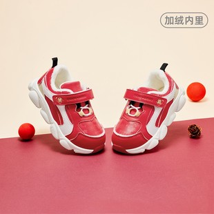 戴维贝拉儿童运动鞋红色加绒鞋子2022冬新款男中童女童保暖鞋新年