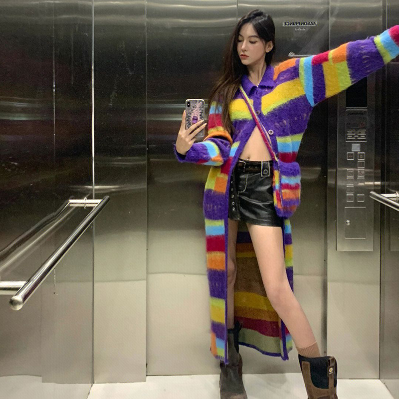 彩色条纹长款彩虹针织开衫外套