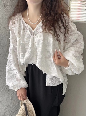 BOLATU柏拉图立体重工绣花白色衬衫女新款长袖棉麻衬衣ins潮23047