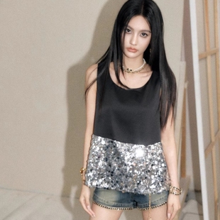 法式春夏新款法式气质拼接亮片无袖背心女宽松撞色简约上衣小衫