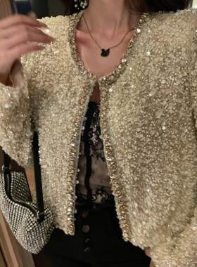 高级衫女V领轻奢全亮片长袖直筒洋气优雅百搭法式披肩上衣外套