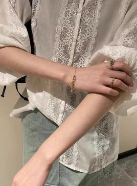 BOLATU柏拉图拼接蕾丝开衫宽松纯色森女系棉麻衬衫仙女衫大码女装