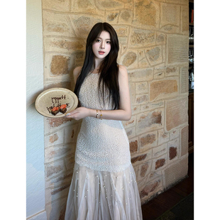 法式 新款 名媛网纱镂空拼接钉珠设计背心连衣裙女 2025夏季 网红同款