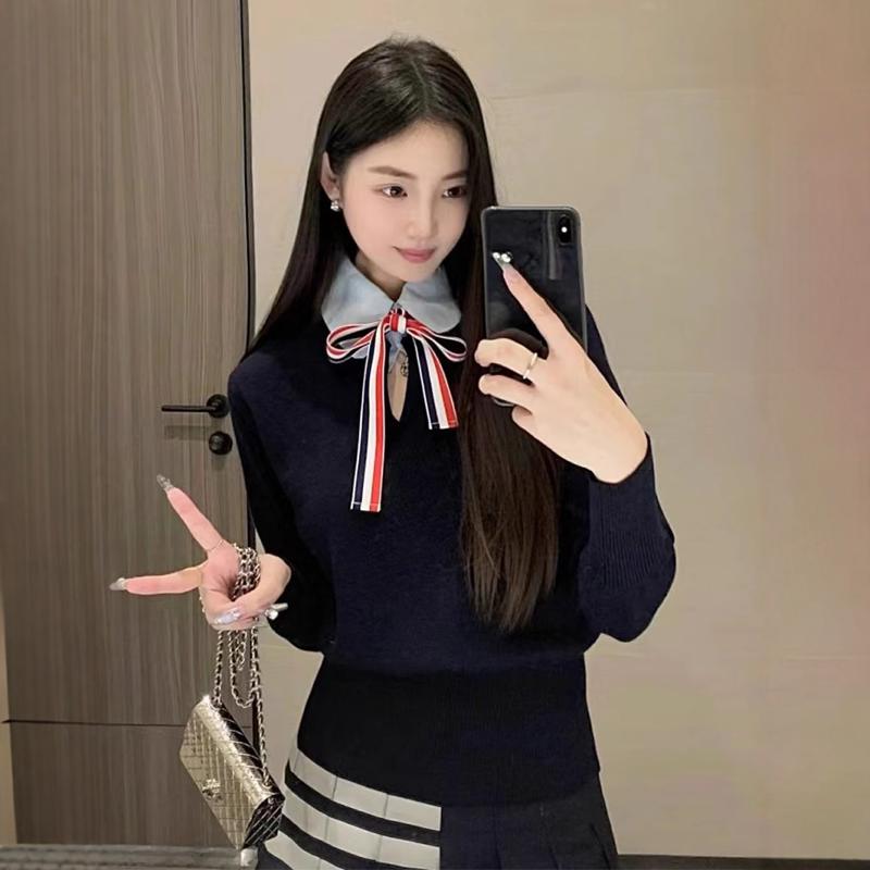 深圳高货TB高支超细羊毛上衣女娃娃领蝴蝶结系带英伦学院风针织衫