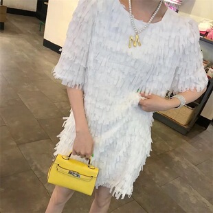 很仙的法国小众连衣裙女春秋2026新款气质圆领短袖烫金流苏短裙女