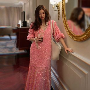 亮片连衣裙初恋茶歇桔梗裙小清新V领泡泡长袖 收腰显瘦a字连衣裙