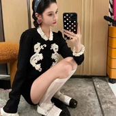 针织开衫 顶配版 手工串珠毛衣女名媛小香风立领木耳边重工长袖 上衣