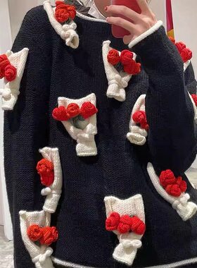立体玫瑰花拼接毛衣套头针织