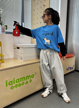 iaiammo丨25aw原创设计小马插画韩版男女中大儿童装 拼袖 T恤长袖