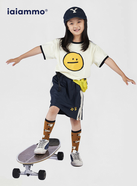 iaiammo原创设计洋气可爱笑脸印花纯棉轻薄透气短袖男女中大童T恤
