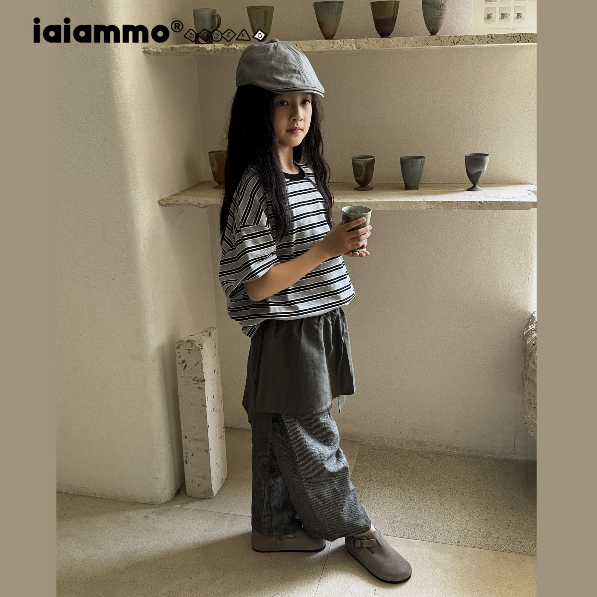 iaiammo丨25原创夏洋气条纹logo笑脸男女中大童装短袖T恤亚麻长裤,童装/婴儿装/亲子装,T恤,淘宝优惠券,粉丝福利购,淘宝优惠卷