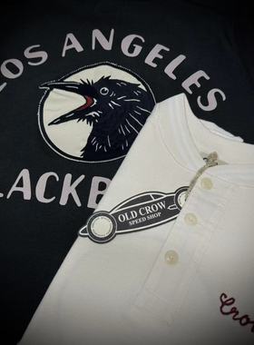 正规代理【superXY】现货 OLD CROW GLAD HAND 乌鸦刺绣亨利T恤衫