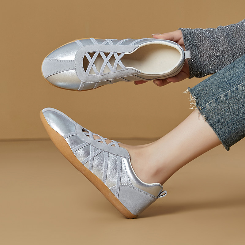 2026夏季新款复古银色交叉绑带德训鞋女圆头玛丽珍鞋真皮休闲单鞋