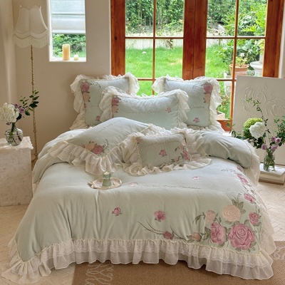 十八年老店【柠檬之家】梵高花园230g牛奶绒高定蕾丝四件套