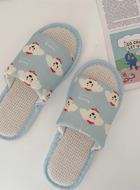 卡通蓝色小狗居家拖鞋女透气软底亚麻拖鞋防滑外穿四季棉麻凉拖鞋