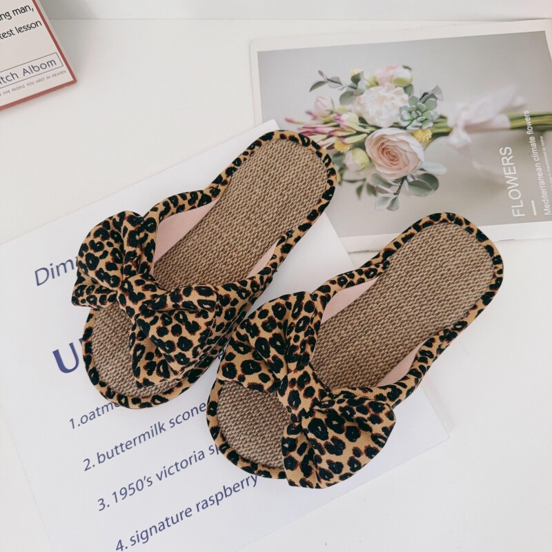 复古豹纹蝴蝶结居家透气亚麻拖鞋女夏防滑地板凉拖鞋四季棉麻拖鞋