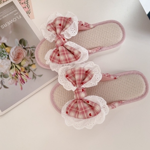 棉麻拖鞋 法式 外穿四季 女夏防滑地板凉拖鞋 蝴蝶结居家透气亚麻拖鞋