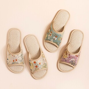女室内家居用防滑牛筋底刺绣亚麻凉拖鞋 轻奢新款 高级感中国风拖鞋