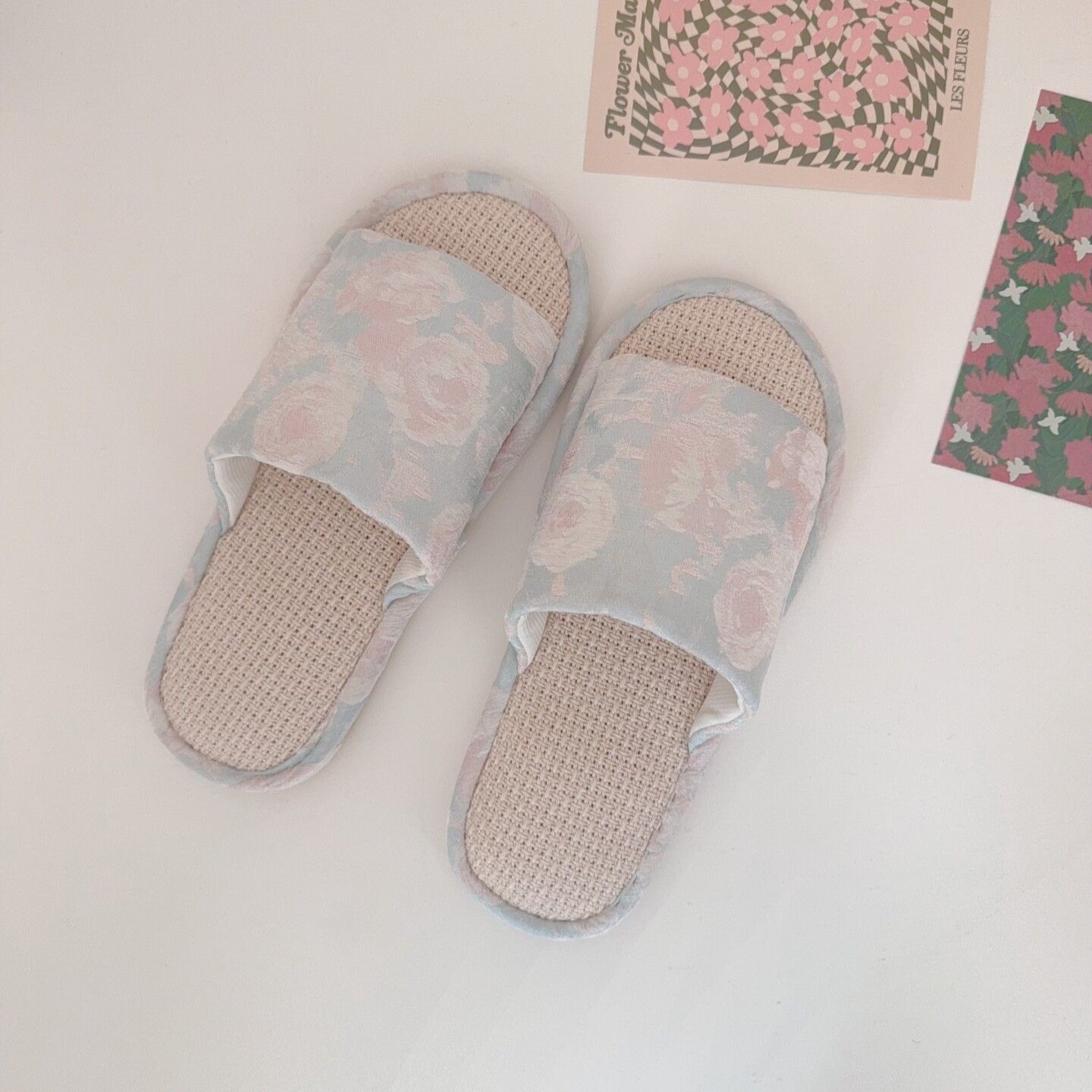 复古花朵居家透气亚麻拖鞋女夏防滑地板凉拖鞋外穿四季棉麻拖鞋